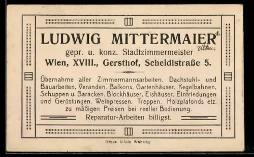 Vertreterkarte Wien, Gersthof, Stadtzimmermeister Ludwig Mittermaier, Scheidlstrasse