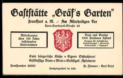 Vertreterkarte Frankfurt a. M., Gaststätte Gräf`s Garten, Am Allerheiligen Tor, Wappen