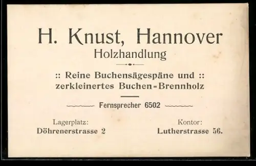 Vertreterkarte Hannover, Holzhandlung H. Knust, Döhrenerstrasse 2