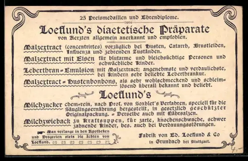 Vertreterkarte Grunbach bei Stuttgart, Loeflund`s diaetetische Präparate, Ed. Loeflund & Co., Ponte dei Sospiri