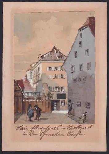 Handzeichnung Stuttgart, Schmale Strasse mit Passanten