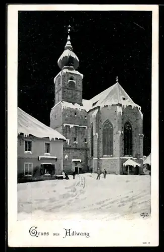AK Adlwang, Ortspartie mit Kirche im Winter