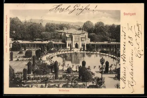 AK Stuttgart, Wilhelma, Pavillon am Teich
