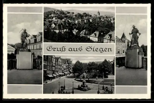 AK Siegen, Stadtpanorama, Platz mit Brunnen, zwei Standbilder