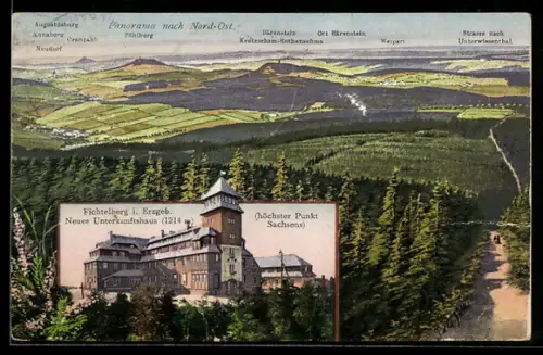 AK Bärenstein i. Erzgeb., Neues Unterkunftshaus auf dem Fichtelberg, Panorama nach Nord-Ost mit Weipert und Bärenstein