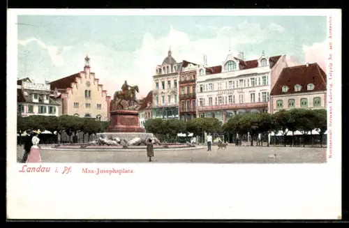 AK Landau i. Pf., Max-Josephsplatz mit Reiterdenkmal