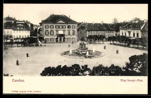 AK Landau, Max-Joseph-Platz, Platz mit Brunnen und Statue