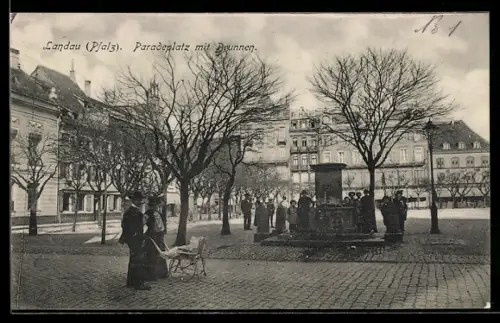 AK Landau /Pfalz, Paradeplatz mit Brunnen