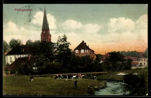 AK Fallingbostel, Dorfansicht mit Kirche, Weide und Bach