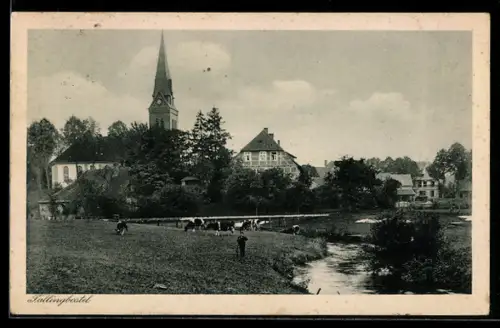 AK Fallingbostel, Ortsansicht mit Kirche, Fluss und Kühen