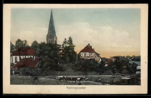 AK Fallingbostel, Kirche, Fachwerkhaus, Weide mit Kühen