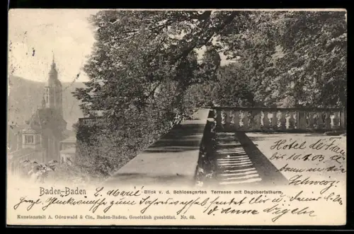 AK Baden-Baden, Blick von der Schlossgarten-Terrasse mit Dagobertsturm