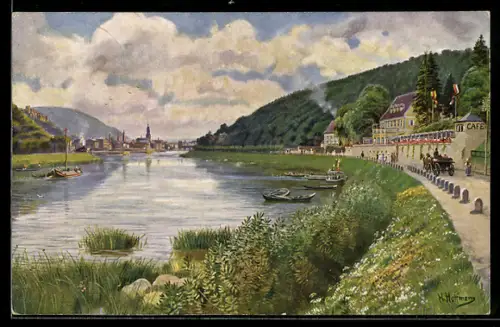 Künstler-AK Heidelberg, Cafe Haarlass mit Blick auf den Ort und Schloss