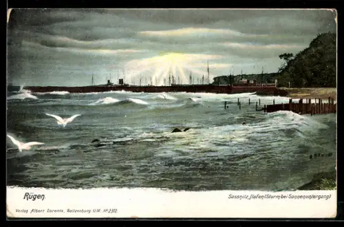 AK Sassnitz /Rügen, Hafen, Sturm bei Sonnenuntergang
