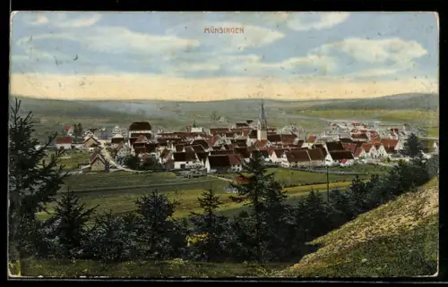 AK Münsingen, Stadtpanorama mit Kirche