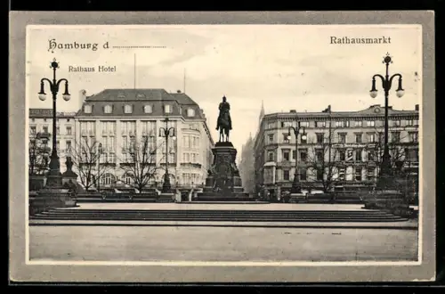 AK Hamburg, Rathausmarkt, Rathaus Hotel, Reiterstandbild