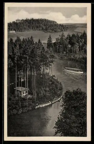 AK Mittweida, Gasthaus Auenblick, Flusslandschaft, Ausflugsschiff