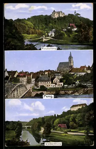 AK Penig, Rochsburg, Ort mit Brücke, Wolkenburg