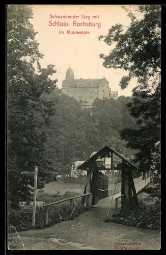 AK Rochsburg /Muldental, Schwankender Steg mit Schloss Rochsburg
