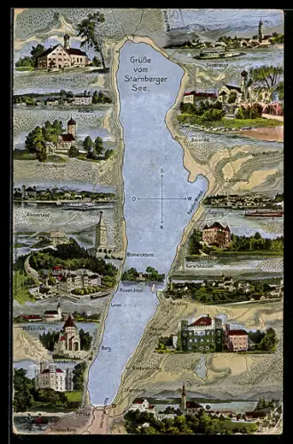 Künstler-AK Seeshaupt /Starnberger See, See mit Ort, Schloss Berg, Roseninsel, Votivkapelle