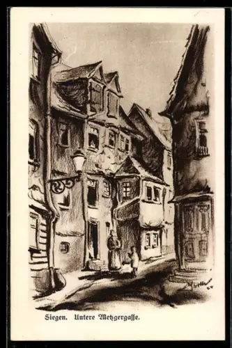 Künstler-AK Siegen, Untere Metzgergasse in der Altstadt