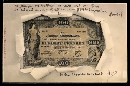 AK Zürich, Geldschein der Zürcher Kantonalbank durch zerrissenes Papier