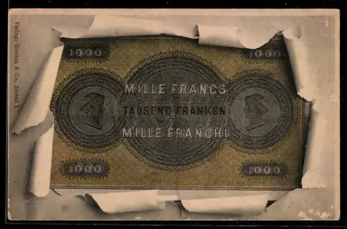 AK Tausend Franken, Geldschein im aufgerissenen Briefumschlag