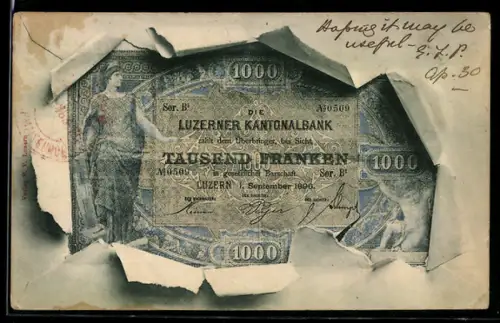 AK Eintausend Schweizer Franken-Schein mit Briefumschlag-Passepartout