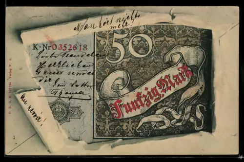 AK Fünfzig Mark, Geldschein im aufgerissenen Briefumschlag