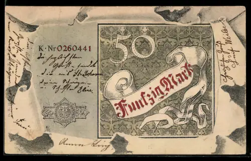 AK Fünfzig Mark, Geldschein im zerfetzten Briefumschlag