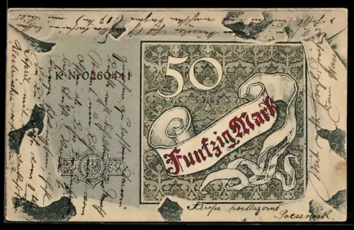 AK Fünfzig Mark, Geldschein im aufgerissenen Briefumschlag, Banderole