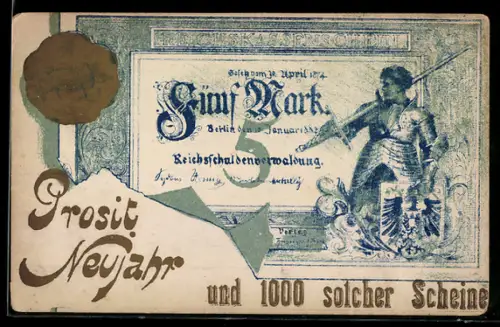 AK Fünf Mark, Geldschein der Reichsschuldenverwaltung, Goldenes Siegel, Neujahrsgruss
