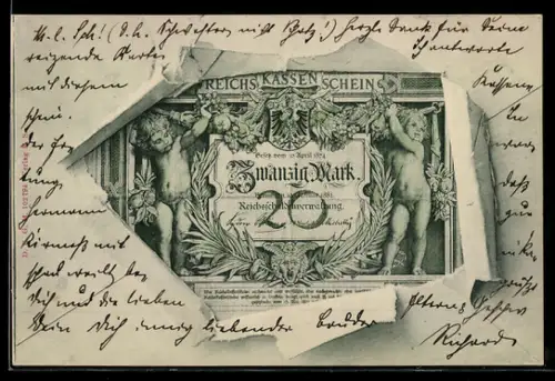AK 20 Mark im aufgerissenen Briefumschlag, Knaben mit Früchten, Reichskassenschein, Zahlungsankündigung