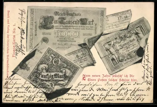 AK Geldscheine 100 Mark, 50 Mark, 20 Mark, Neujahrsgruss, Zahlungsankündigungen