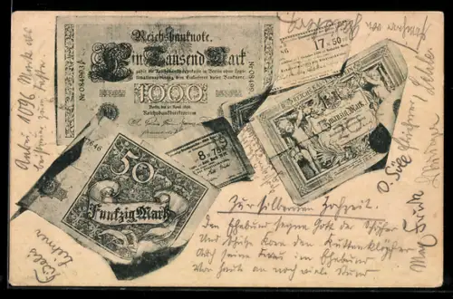 AK Banknoten, 100, 20 u. 50 Mark, Zahlungsankündigungen