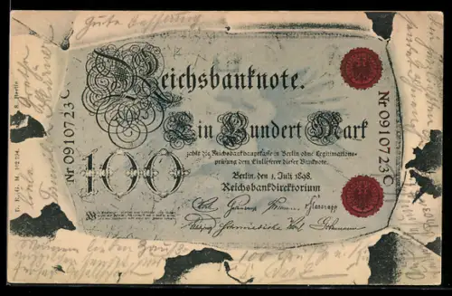 AK 100 Mark, Geldschein im aufgerissenen Briefumschlag, Reichsbanknote, Zahlungsankündigung