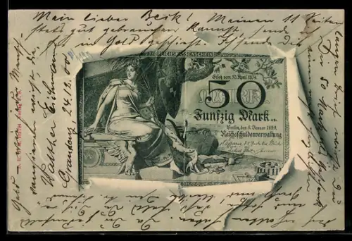 AK 50 Mark, Reichskassenschein der Reichsschuldenverwaltung, mit Frauenfigur