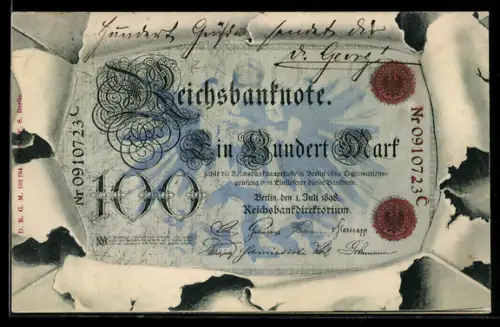 AK Reichsbanknote Einhundert Mark im Umschlag