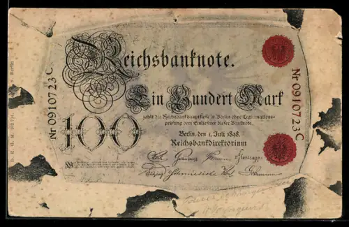 AK 100 Mark, Reichsbanknote hinter zerissenem Papier, Zahlungsankündigung