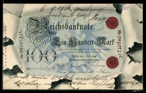 AK 100 Mark, Reichsbanknote hinter zerissenem Papier, Zahlungsankündigung