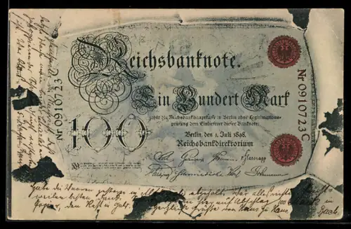 AK 100 Mark, Reichsbanknote hinter zerissenem Papier, Zahlungsankündigung