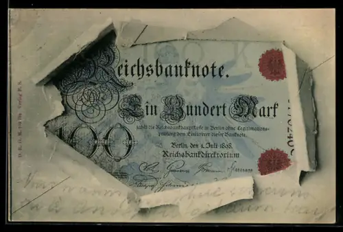 AK 100 Mark, Reichsbanknote im zerissenen Umschlag, Zahlungsankündigung