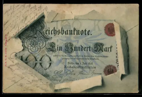 AK 100 Mark, Reichsbanknote im zerissenen Umschlag, Zahlungsankündigung