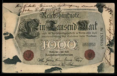 AK Reichsbanknote Eintausend Mark im Umschlag