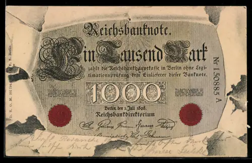 AK 1000 Mark, Reichsbanknote mit zerissenem Papier, Zahlungsankündigung