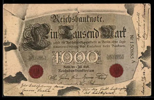 AK 1000 Mark, Reichsbanknote mit zerissenem Papier, Zahlungsankündigung