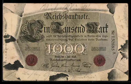 AK Berlin, Geldschein über eintausend Mark durch zerrissenes Papier