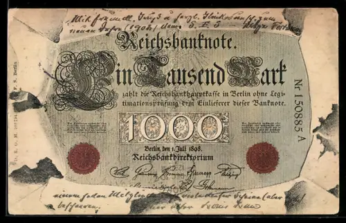 AK Berlin, Geldschein über eintausend Mark durch zerrissenes Papier