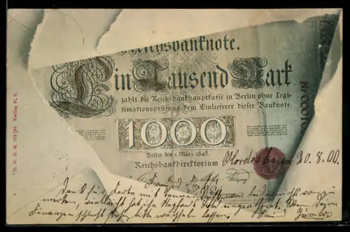 AK 1000 Mark, Reichsbanknote im aufgerissenen Briefumschlag, Zahlungsankündigung