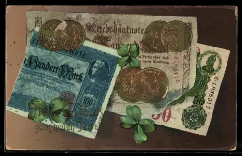 Präge-AK Reichsbanknoten, Münzen, Glücksklee, Neujahrsgruss